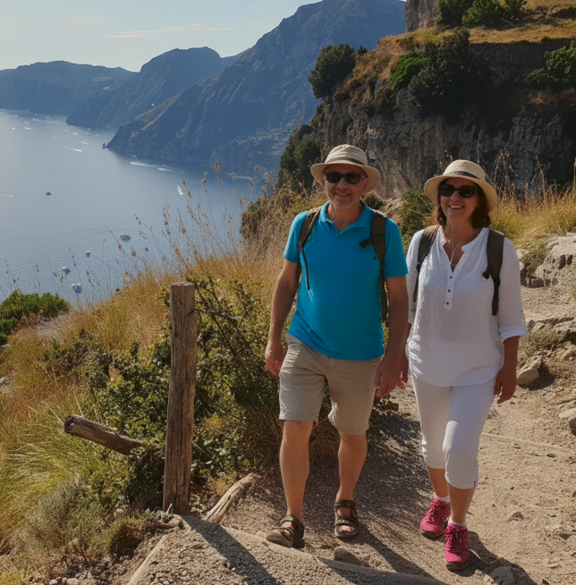 Marito che osserva orgoglioso la moglie sorridente mentre camminano all'aperto